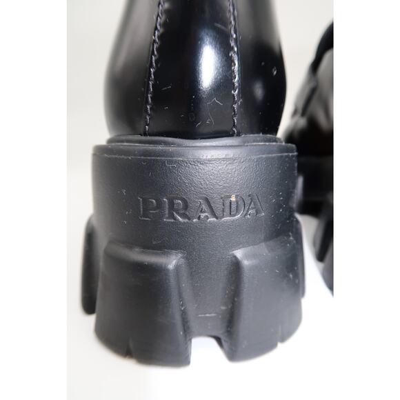 Prada Leather Monolith Triangle Logo Platform Brushed Loafers Black Size 37.5 - Picture 7 of 11